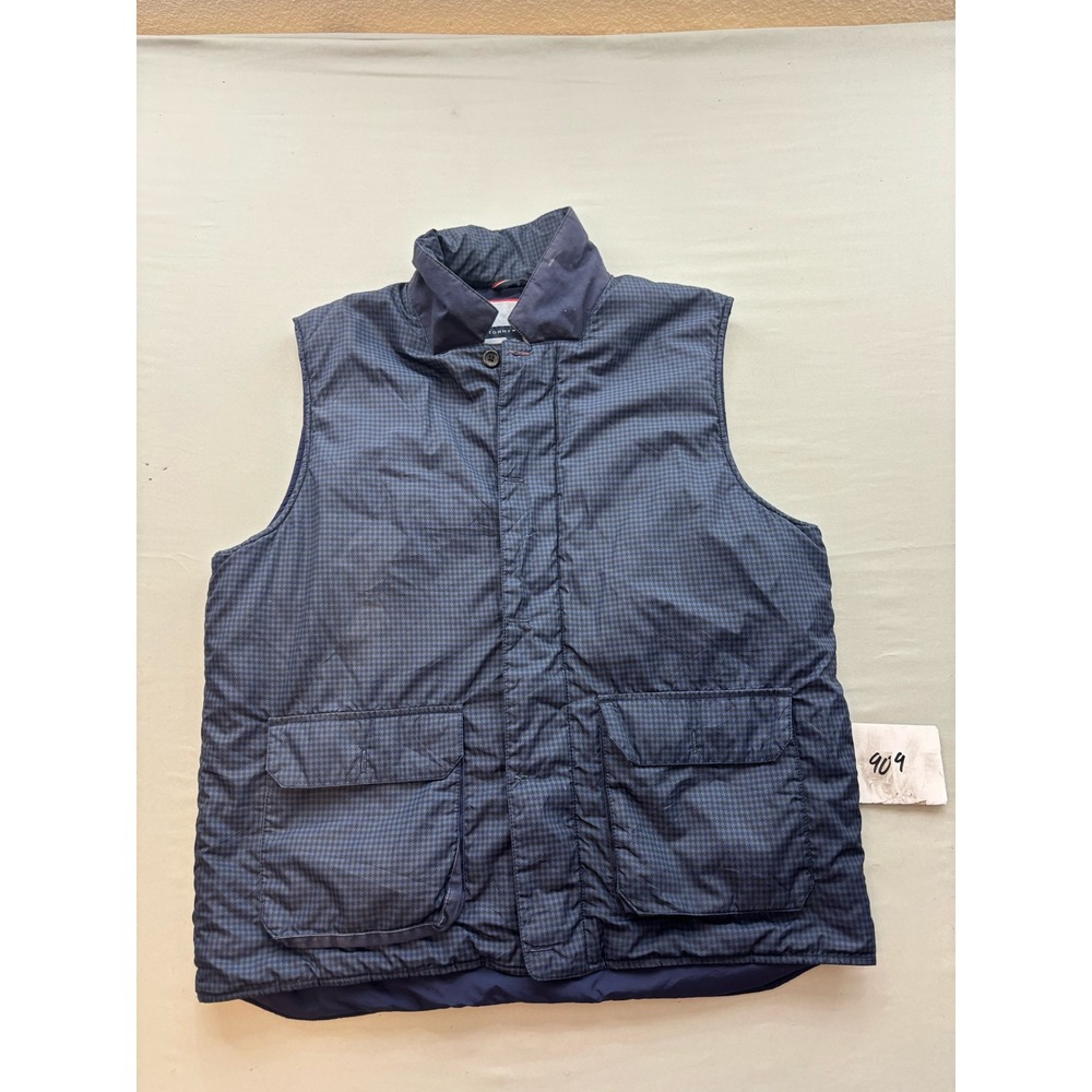 Tommy Hilfiger Mens Navy Blue Houndstooth Quilted Puffer Vest Large Pockets L/G
